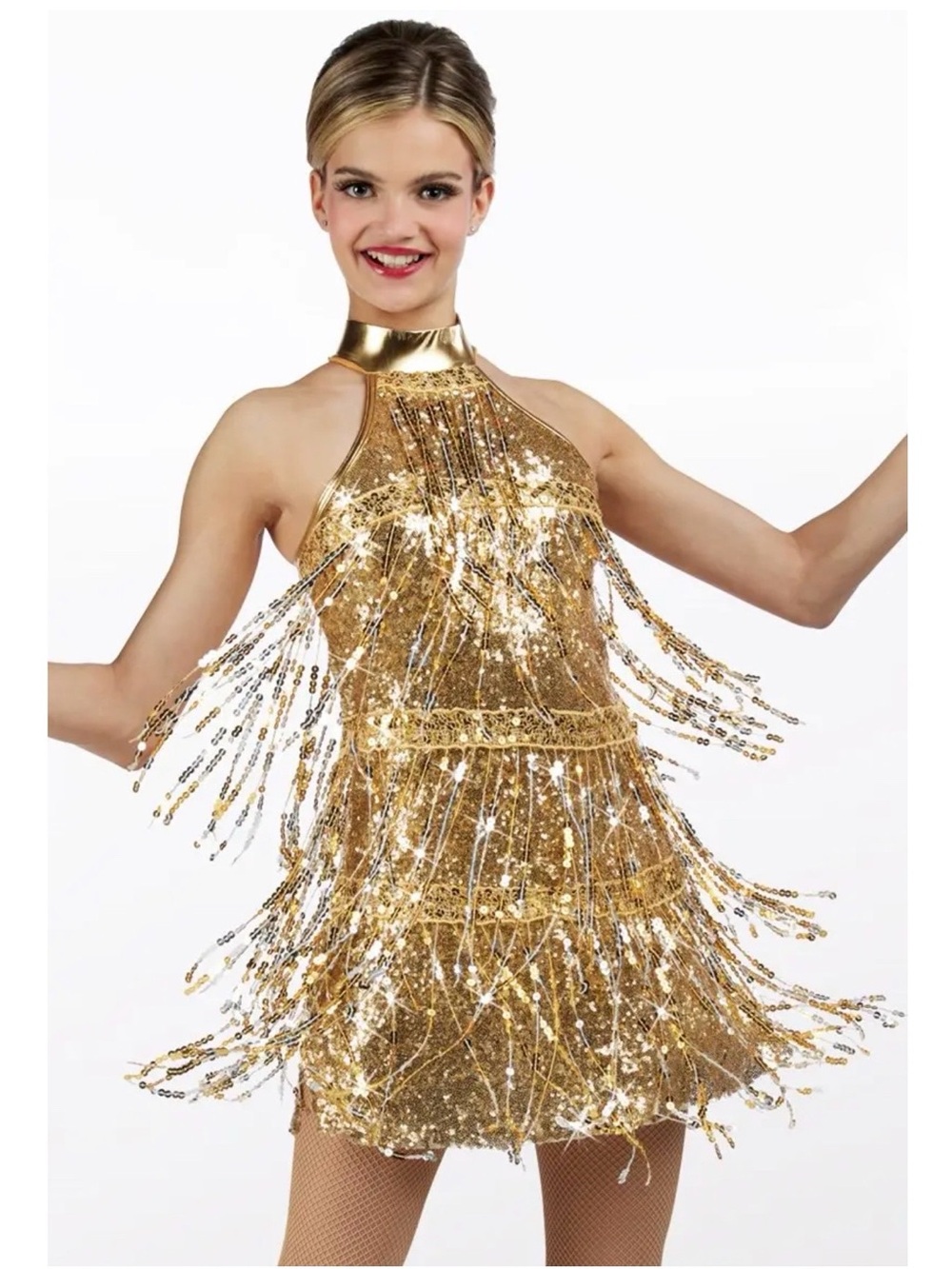 Weissman | A Little Party Gold Sequin Fringe Halter Sparkling Dance Costume, SA